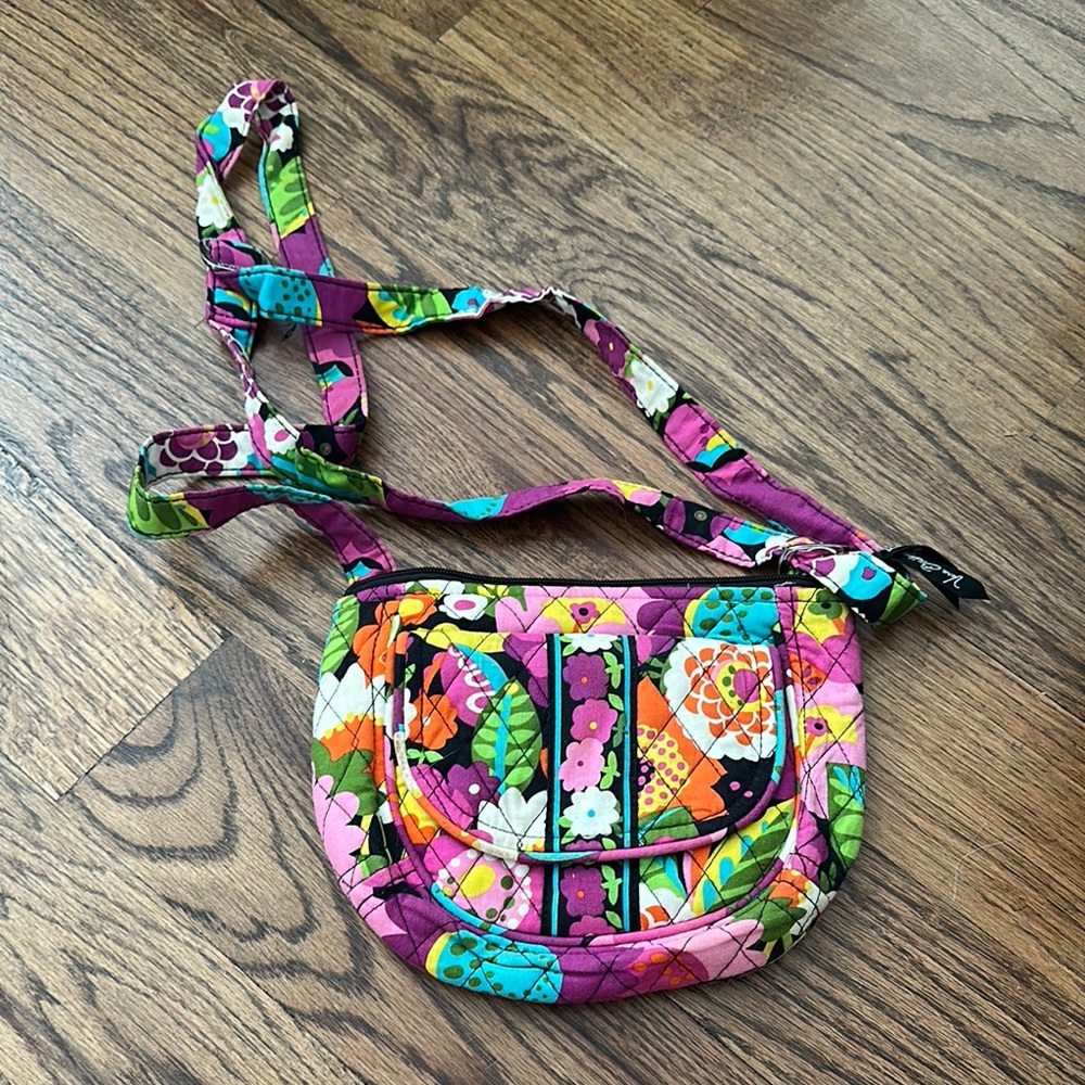 Vera Bradley Pink and Green Crossbody Bag with Quilted Floral Design